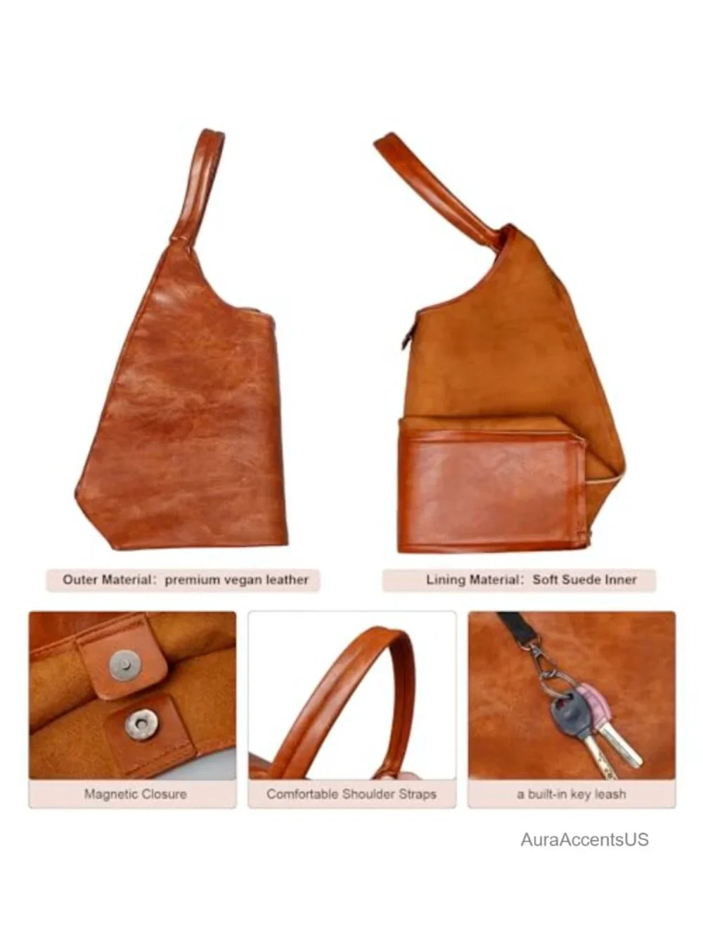 Vegan Leather Slouchy Hobo Bag with Shoulder Strap, Tote Purse